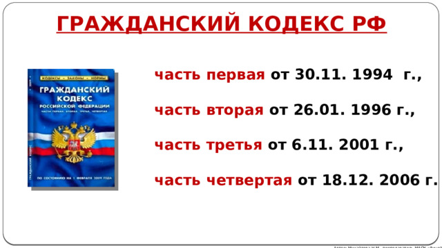 ГРАЖДАНСКИЙ КОДЕКС РФ   часть первая от 30.11. 1994 г.,   часть вторая от 26.01. 1996 г.,   часть третья от 6.11. 2001 г.,   часть четвертая от 18.12. 2006 г.   Автор: Михайлова Н.М.- преподаватель МАОУ «Лицей № 21» 