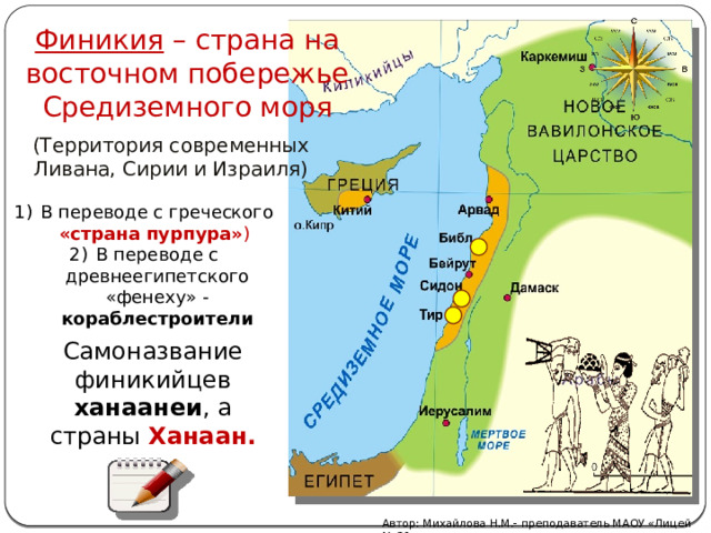 Финикия – страна на восточном побережье Средиземного моря (Территория современных Ливана, Сирии и Израиля) В переводе с греческого «страна пурпура» )   В переводе с древнеегипетского «фенеху» - кораблестроители Самоназвание финикийцев ханаанеи , а страны Ханаан. Автор: Михайлова Н.М.- преподаватель МАОУ «Лицей № 21» 