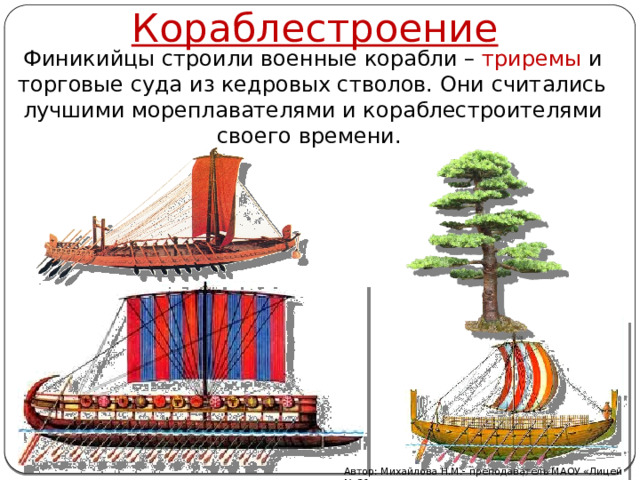 Кораблестроение Финикийцы строили военные корабли – триремы и торговые суда из кедровых стволов. Они считались лучшими мореплавателями и кораблестроителями своего времени. Автор: Михайлова Н.М.- преподаватель МАОУ «Лицей № 21» 