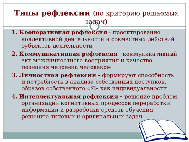 Типы рефлексии  (по критерию решаемых задач) 1. Кооперативная рефлексия - проектирование коллективной деятельности и совместных действий субъектов деятельности 2. Коммуникативная рефлексия - коммуникативный акт межличностного восприятия и качество познания человека человеком 3. Личностная рефлексия - формируют способность и потребность в анализе собственных поступков, образов собственного «Я» как индивидуальности 4. Интеллектуальная рефлексия - решение проблем организации когнитивных процессов переработки информации и разработки средств обучения решению типовых и оригинальных задач 
