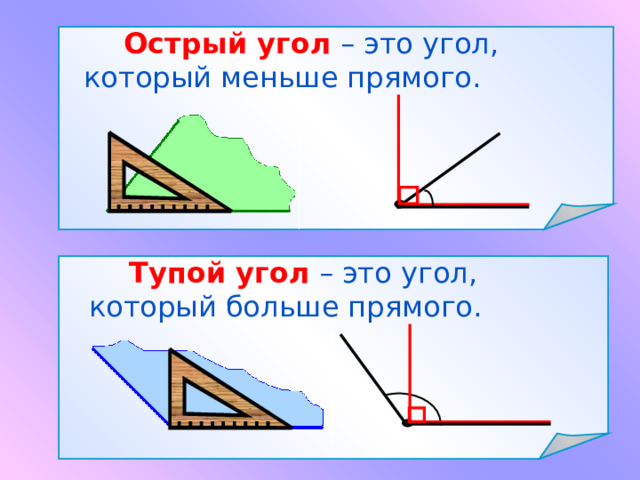   Острый угол  – это угол, который меньше прямого.    Тупой угол  – это угол, который больше прямого.  