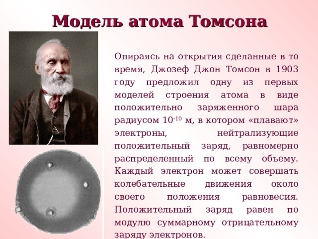 Модель атома Томсона Опираясь на открытия сделанные в то время, Джозеф Джон Томсон в 1903 году предложил одну из первых моделей строения атома в виде положительно заряженного шара радиусом 10 -10 м, в котором «плавают» электроны, нейтрализующие положительный заряд, равномерно распределенный по всему объему. Каждый электрон может совершать колебательные движения около своего положения равновесия. Положительный заряд равен по модулю суммарному отрицательному заряду электронов. 