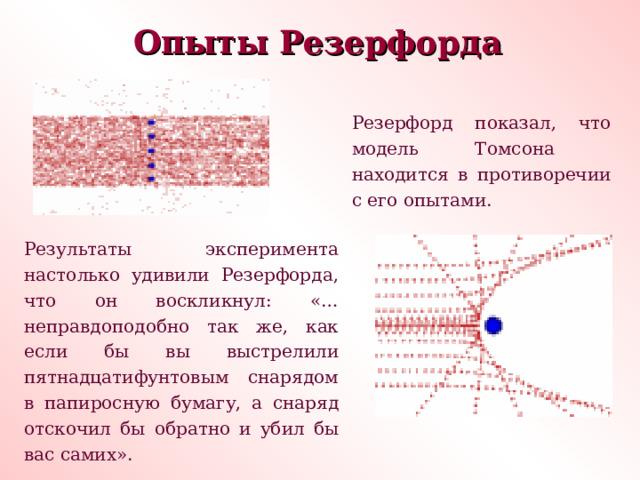 Опыты Резерфорда Резерфорд показал, что модель Томсона находится в противоречии с его опытами. Результаты эксперимента настолько удивили Резерфорда, что он воскликнул: «… неправдоподобно так же, как если бы вы выстрелили пятнадцатифунтовым снарядом в папиросную бумагу, а снаряд отскочил бы обратно и убил бы вас самих». 