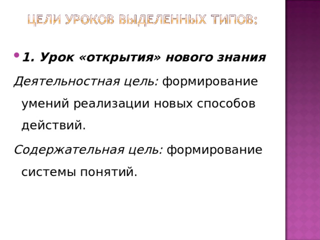 1. Урок «открытия» нового знания Деятельностная цель:  формирование умений реализации новых способов действий. Содержательная цель:  формирование системы понятий. 
