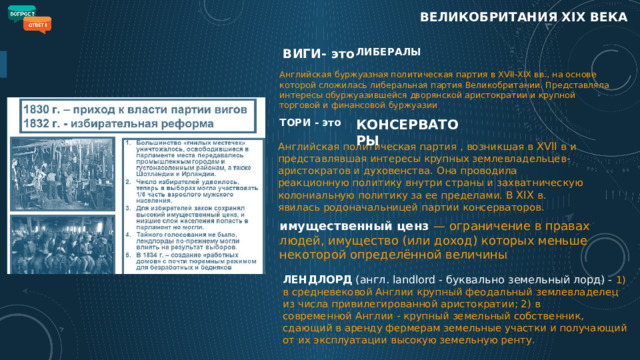 ВЕЛИКОБРИТАНИЯ XIX века ЛИБЕРАЛЫ ВИГИ- это Английская буржуазная политическая партия в XVII-XIX вв., на основе которой сложилась либеральная партия Великобритании. Представляла интересы обуржуазившейся дворянской аристократии и крупной торговой и финансовой буржуазии ТОРИ - это КОНСЕРВАТОРЫ Английская политическая партия , возникшая в XVII в и представлявшая интересы крупных землевладельцев-аристократов и духовенства. Она проводила реакционную политику внутри страны и захватническую колониальную политику за ее пределами. В XIX в. явилась родоначальницей партии консерваторов. имущественный ценз — ограничение в правах людей, имущество (или доход) которых меньше некоторой определённой величины ЛЕНДЛОРД  (англ. landlord - буквально земельный лорд) - 1) в средневековой Англии крупный феодальный землевладелец из числа привилегированной аристократии; 2) в современной Англии - крупный земельный собственник, сдающий в аренду фермерам земельные участки и получающий от их эксплуатации высокую земельную ренту.  