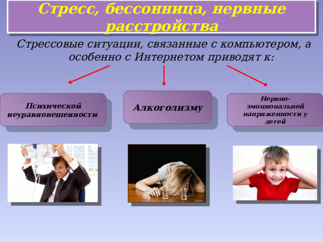 Стресс, бессонница, нервные расстройства Стрессовые ситуации, связанные с компьютером, а особенно с Интернетом приводят к:   Алкоголизму Психической неуравновешенности Нервно-эмоциональной напряженности у детей 