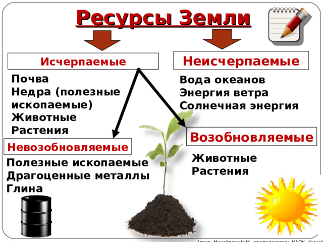 Ресурсы Земли Неисчерпаемые Исчерпаемые Почва Недра (полезные ископаемые) Животные Растения Вода океанов Энергия ветра Солнечная энергия Возобновляемые Невозобновляемые Животные Растения Полезные ископаемые Драгоценные металлы Глина Автор: Михайлова Н.М.- преподаватель МАОУ «Лицей № 21» 