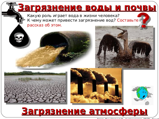 Загрязнение воды и почвы Какую роль играет вода в жизни человека ? К чему может привести загрязнение вод ?  Составьте рассказ об этом. Загрязнение атмосферы Автор: Михайлова Н.М.- преподаватель МАОУ «Лицей № 21» 