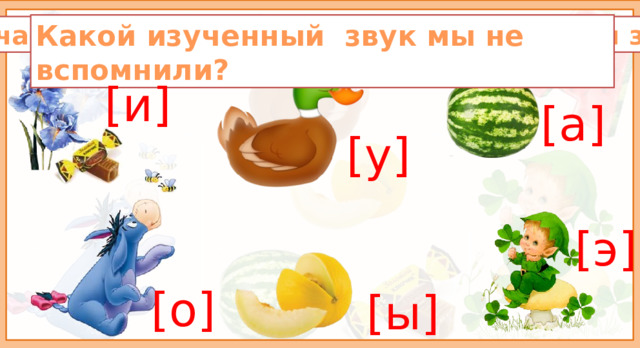 Какой изученный звук мы не вспомнили? Сейчас мы будем выделять в словах первый звук. [и] [а] [у] [э]  Дети вспоминают все, что знают о гласных. Буква А - первая буква русского алфавита. Буква У вместе с буквой А могут образовать слова «Ау» и «Уа». Буква «О» похожа на цифру ноль. Буква и звук И может превратить мышку в мишку. Слов, которые начинаются с буквы Ы нет. В основном она встречается в середине и на конце слов и т.д [о] [ы]  