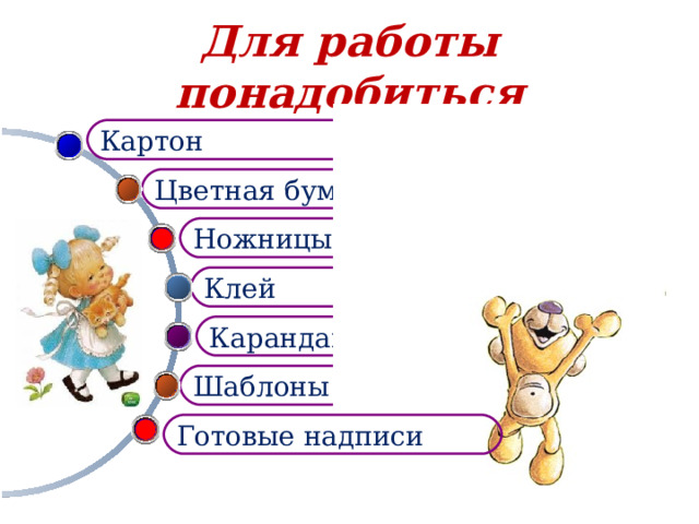 Для работы понадобиться Картон Цветная бумага Ножницы Клей Карандаш Шаблоны Готовые надписи 6 