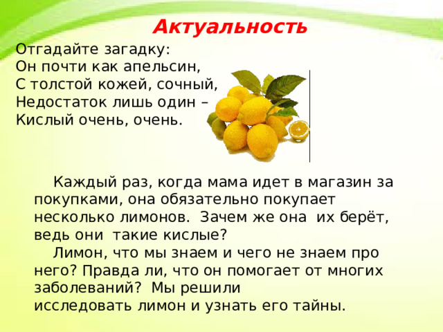 Актуальность Отгадайте загадку: Он почти как апельсин,  С толстой кожей, сочный,  Недостаток лишь один –  Кислый очень, очень.  Каждый раз, когда мама идет в магазин за покупками, она обязательно покупает несколько лимонов. Зачем же она их берёт, ведь они такие кислые?  Лимон, что мы знаем и чего не знаем про него? Правда ли, что он помогает от многих заболеваний? Мы решили исследовать лимон и узнать его тайны. 