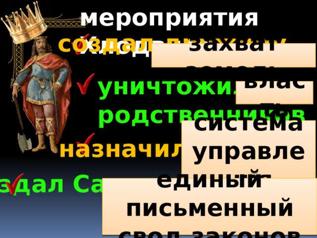 мероприятия Хлодвига создал дружину захват земель уничтожил родственников власть система управления назначил графов создал Салическую правду единый письменный свод законов 