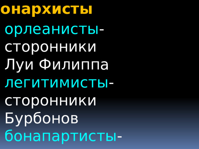 монархисты орлеанисты - сторонники Луи Филиппа легитимисты - сторонники Бурбонов бонапартисты - сторонники восстановления династии Бонапартов 