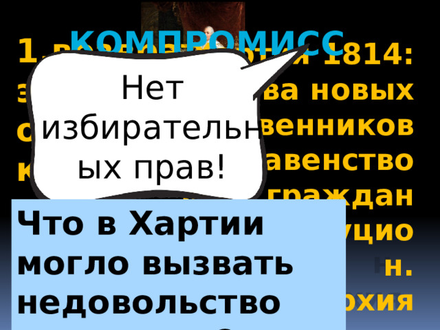 компромисс 1.возврат эмигрантов, компенсации 2.«белый террор»  Хартия 1814: 1.права новых собственников 2. равенство  всех граждан 3.конституцион. монархия Нет избирательных прав! Что в Хартии могло вызвать недовольство населения? 