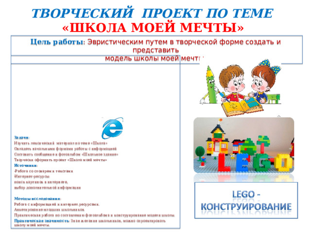 ТВОРЧЕСКИЙ ПРОЕКТ ПО ТЕМЕ  «ШКОЛА МОЕЙ МЕЧТЫ» Цель работы : Эвристическим путем в творческой форме создать и представить модель школы моей мечты.              Задачи : Изучить лексический материал по теме «Школа» Овладеть начальными формами работы с информацией Составить сообщение и фотоальбом «Школьное здание» Творчески оформить проект «Школа моей мечты» Источники : -Работа со словарем и текстами Интернет-ресурсы: поиск картинок в интернете, выбор дополнительной информации Методы исследования : Работа с информацией и интернет.ресурсами. Анкетирование младших школьников. Практическая работа по составлению фотоальбома и конструирование модели школы. Практическая значимость : Зная желания школьников, можно спроектировать школу моей мечты. 