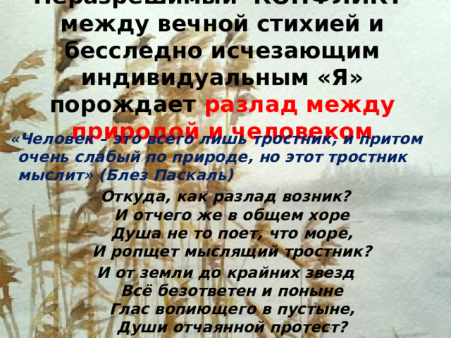 Неразрешимый КОНФЛИКТ между вечной стихией и бесследно исчезающим индивидуальным «Я» порождает разлад между природой и человеком  «Человек – это всего лишь тростник, и притом очень слабый по природе, но этот тростник мыслит» (Блез Паскаль) Откуда, как разлад возник?  И отчего же в общем хоре  Душа не то поет, что море,  И ропщет мыслящий тростник? И от земли до крайних звезд  Всё безответен и поныне  Глас вопиющего в пустыне,  Души отчаянной протест?  