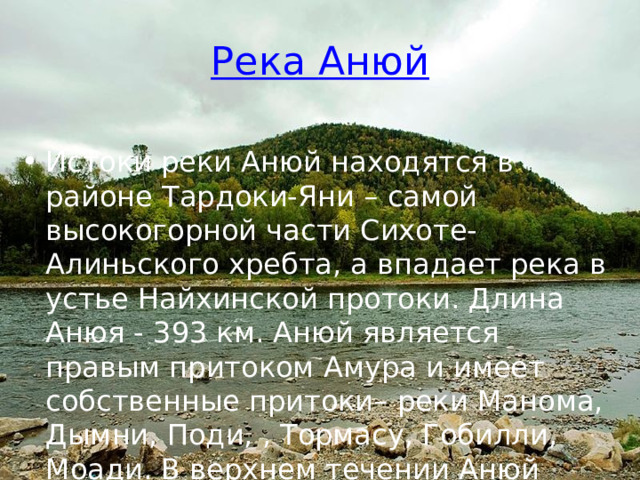 Река Анюй Истоки реки Анюй находятся в районе Тардоки-Яни – самой высокогорной части Сихоте-Алиньского хребта, а впадает река в устье Найхинской протоки. Длина Анюя - 393 км. Анюй является правым притоком Амура и имеет собственные притоки– реки Манома, Дымни, Поди, , Тормасу, Гобилли, Моади. В верхнем течении Анюй является типично горной рекой; в нижнем течении – носит равнинный характер. 