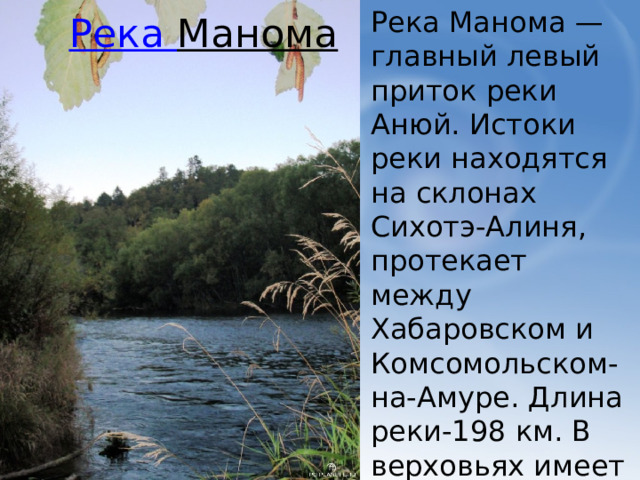 Река Манома —главный левый приток реки Анюй. Истоки реки находятся на склонах Сихотэ-Алиня, протекает между Хабаровском и Комсомольском-на-Амуре. Длина реки-198 км. В верховьях имеет горный характер, в нижнем течении- равнинный. Река Манома   