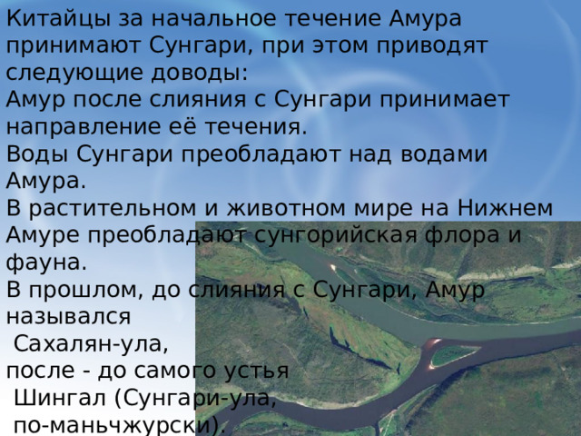 Китайцы за начальное течение Амура принимают Сунгари, при этом приводят следующие доводы: Амур после слияния с Сунгари принимает направление её течения. Воды Сунгари преобладают над водами Амура. В растительном и животном мире на Нижнем Амуре преобладают сунгорийская флора и фауна. В прошлом, до слияния с Сунгари, Амур назывался  Сахалян-ула, после - до самого устья  Шингал (Сунгари-ула,  по-маньчжурски). 