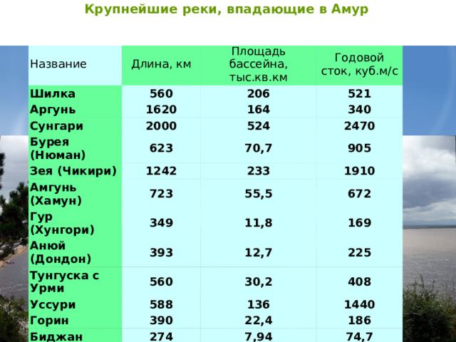 Крупнейшие реки, впадающие в Амур Название Длина, км Шилка Площадь бассейна, тыс.кв.км 560 Аргунь Сунгари Годовой сток, куб.м/с 206 1620 2000 521 164 Бурея (Нюман) Зея (Чикири) 524 340 623 70,7 2470 1242 Амгунь (Хамун) 905 233 723 Гур (Хунгори) 1910 Анюй (Дондон) 55,5 349 11,8 393 Тунгуска с Урми 672 12,7 560 Уссури 169 Горин 225 30,2 588 Биджан 136 390 408 22,4 1440 274 186 7,94 74,7 
