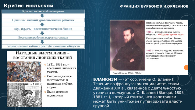 Кризис июльской монархии Франция бурбонов и орлеанов БЛАНКИЗМ  — (от соб. имени О. Бланки) Течение во французском социалистическом движении XIX в., связанное с деятельностью утописта коммуниста О. Бланки (Blanqui, 1805 1881 гг.), который считал, что капитализм может быть уничтожен путём захвата власти группой 