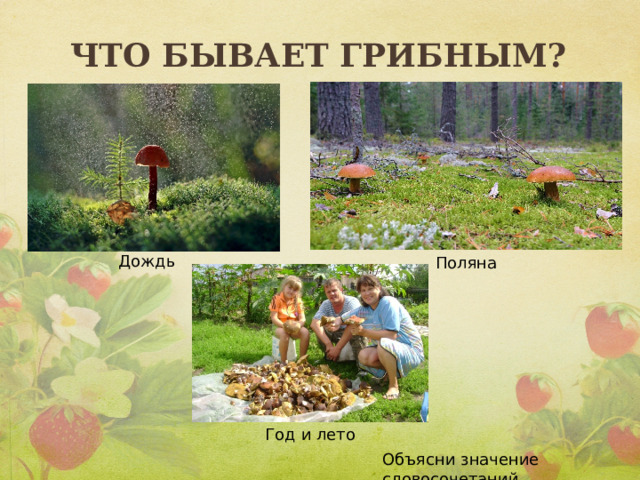 Что бывает грибным? Дождь Поляна Год и лето Объясни значение словосочетаний 