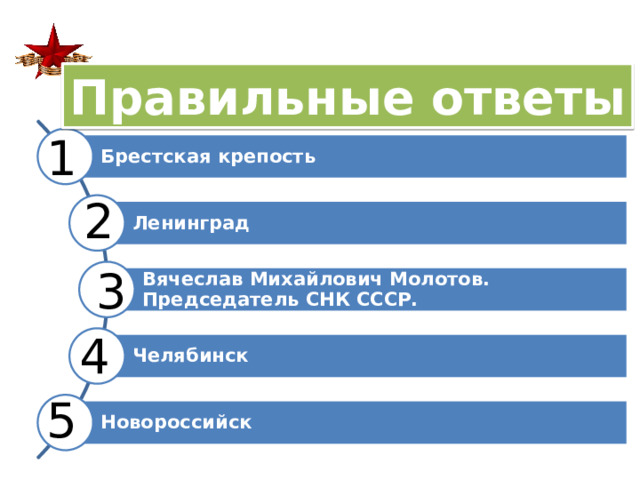 Правильные ответы 1 Брестская крепость 2 Ленинград 3 Вячеслав Михайлович Молотов. Председатель СНК СССР. 4 Челябинск 5 Новороссийск 