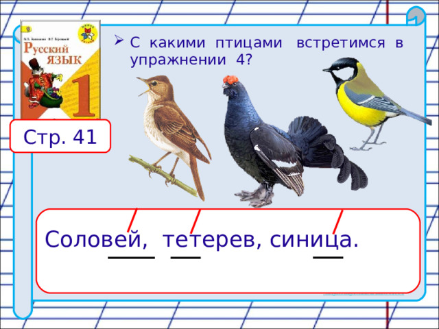 С какими птицами встретимся в упражнении 4? Стр. 41 Соловей, тетерев, синица. 10 
