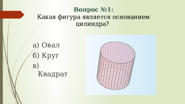  Вопрос №1:  Какая фигура является основанием цилиндра? а) Овал б) Круг в) Квадрат 