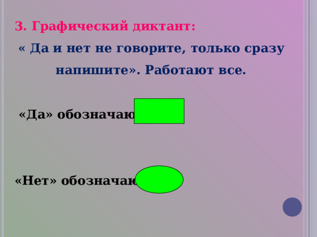 3. Графический диктант:  « Да и нет не говорите, только сразу напишите». Работают все.   «Да» обозначают   «Нет» обозначают 