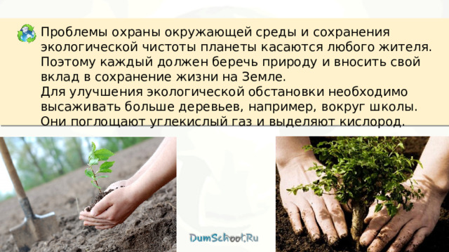 Проблемы охраны окружающей среды и сохранения экологической чистоты планеты касаются любого жителя. Поэтому каждый должен беречь природу и вносить свой вклад в сохранение жизни на Земле. Для улучшения экологической обстановки необходимо высаживать больше деревьев, например, вокруг школы. Они поглощают углекислый газ и выделяют кислород. 