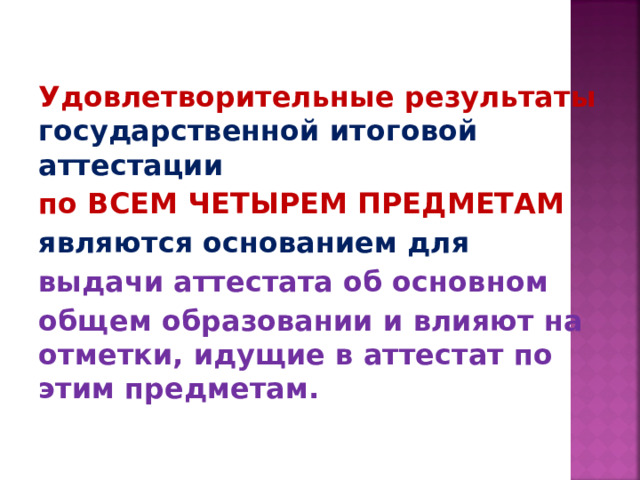 Удовлетворительные результаты государственной итоговой аттестации по ВСЕМ ЧЕТЫРЕМ ПРЕДМЕТАМ являются основанием для выдачи аттестата об основном общем образовании и влияют на отметки, идущие в аттестат по этим предметам.  