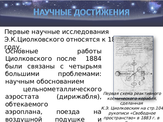 Первые научные исследования Э.К.Циолковского относятся к 1880-1881 году. Основные работы Циолковского после 1884 были связаны с четырьмя большими проблемами: научным обоснованием  цельнометаллического аэростата (дирижабля), обтекаемого аэроплана, поезда на воздушной подушке и ракеты для межпланетных путешествий. Первая схема реактивного космического корабля, сделанная К.Э. Циолковским на стр.104 рукописи «Свободное пространство» в 1883 г. в г. Боровске 