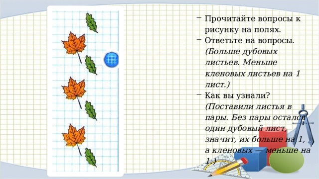 Прочитайте вопросы к рисунку на полях. Ответьте на во­ просы. (Больше дубовых листьев. Меньше кленовых листьев на 1 лист.) Как вы узнали? (Поставили листья в пары. Без пары остался один дубовый лист, значит, их больше на 1, а кленовых — меньше на 1.) 