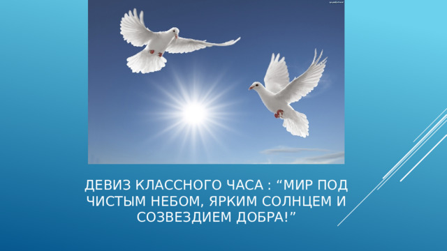 Девиз классного часа : “Мир под чистым небом, ярким солнцем и созвездием добра!”   