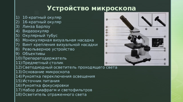 Устройство микроскопа 1)  10-кратный окуляр 2)  16-кратный окуляр 3)  Линза Барлоу 4)  Видеоокуляр 5)  Окулярный тубус 6)  Монокулярная визуальная насадка 7)  Винт крепления визуальной насадки 8)  Револьверное устройство 9)  Объективы 10)  Препаратодержатель 11)  Предметный столик 12)  Светодиодный осветитель проходящего света 13)  Основание микроскопа 14)  Рукоятка переключения освещения 15)  Источник питания 16)  Рукоятка фокусировки 17)  Набор диафрагм и светофильтров 18)  Осветитель отраженного света 