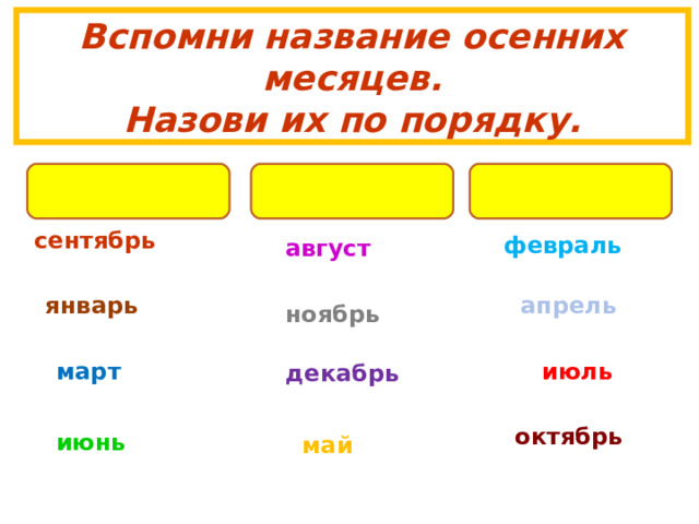 Вспомни название осенних месяцев.  Назови их по порядку. сентябрь февраль август январь апрель ноябрь март июль декабрь октябрь июнь май 