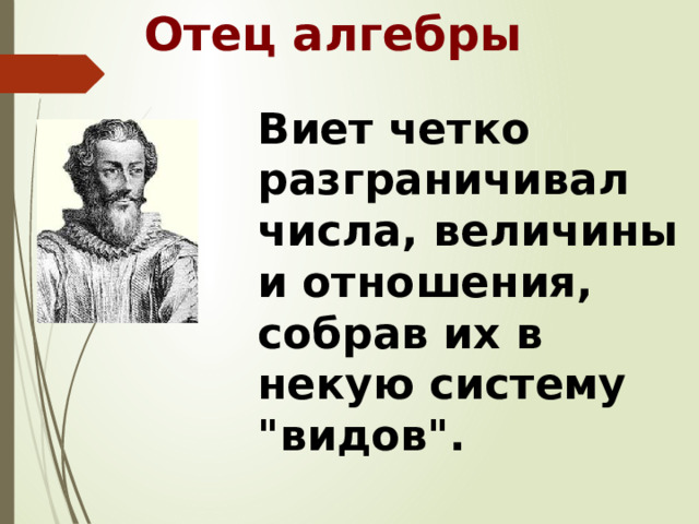 Отец алгебры Виет четко разграничивал числа, величины и отношения, собрав их в некую систему 