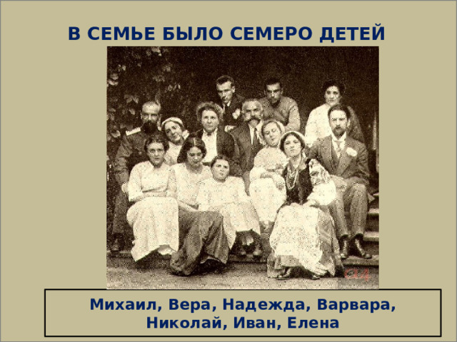  В СЕМЬЕ БЫЛО СЕМЕРО ДЕТЕЙ Михаил, Вера, Надежда, Варвара, Николай, Иван, Елена 