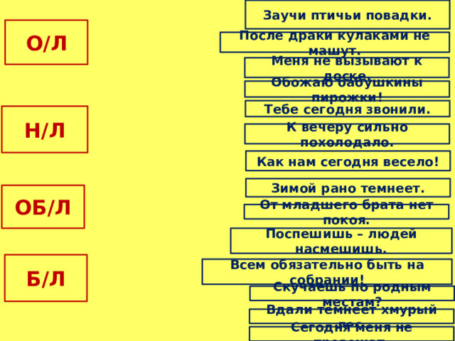  Заучи птичьи повадки. О/Л После драки кулаками не машут. Меня не вызывают к доске. Обожаю бабушкины пирожки! Тебе сегодня звонили. Н/Л К вечеру сильно похолодало. Как нам сегодня весело! Зимой рано темнеет. ОБ/Л От младшего брата нет покоя. Поспешишь – людей насмешишь. Б/Л Всем обязательно быть на собрании! Скучаешь по родным местам? Вдали темнеет хмурый лес. Сегодня меня не тревожат. 
