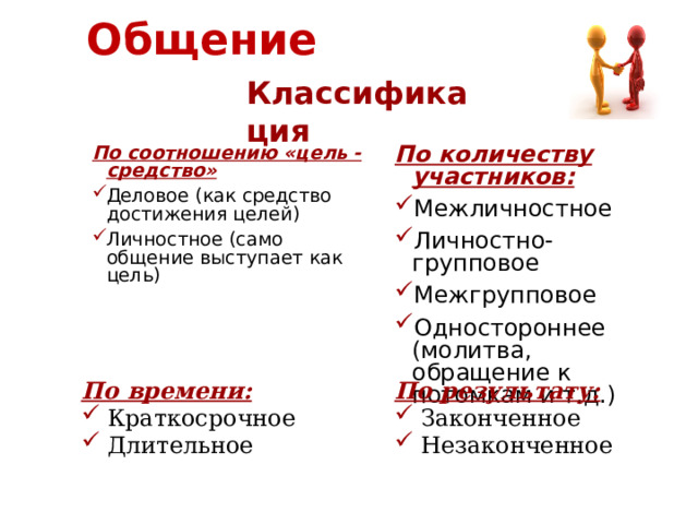 Общение Классификация По соотношению «цель - средство» По количеству участников: Деловое (как средство достижения целей) Личностное (само общение выступает как цель) Межличностное Личностно-групповое Межгрупповое Одностороннее (молитва, обращение к потомкам и т.д.) По времени: По результату: Краткосрочное Длительное Законченное Незаконченное 
