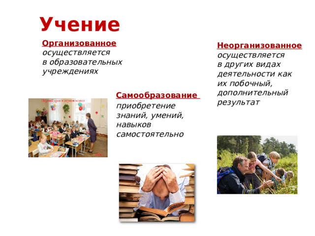 Учение  Организованное осуществляется в образовательных учреждениях Неорганизованное осуществляется в других видах деятельности как их побочный, дополнительный результат Самообразование приобретение знаний, умений, навыков самостоятельно  
