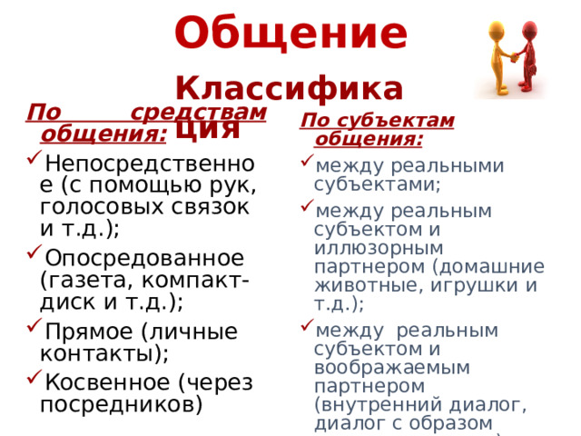 Общение Классификация По средствам общения: Непосредственное (с помощью рук, голосовых связок и т.д.); Опосредованное (газета, компакт-диск и т.д.); Прямое (личные контакты); Косвенное (через посредников) По субъектам общения: между реальными субъектами; между реальным субъектом и иллюзорным партнером (домашние животные, игрушки и т.д.); между реальным субъектом и воображаемым партнером (внутренний диалог, диалог с образом другого человека); между воображаемыми партнерами (художественные образы произведений) 