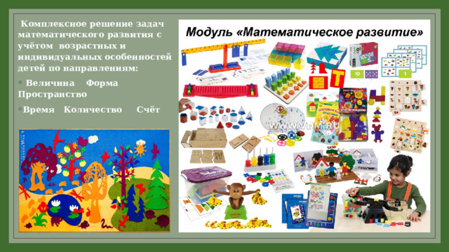  Комплексное решение задач математического развития с учётом возрастных и индивидуальных особенностей детей по направлениям:  Величина Форма Пространство Время Количество Счёт   Фиолетовый лес  