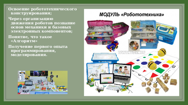 Освоение робототехнического конструирования; Через организацию движения роботов познание основ механики и базовых электронных компонентов; Понятие, что такое «Алгоритм» Получение первого опыта программирования, моделирования.  