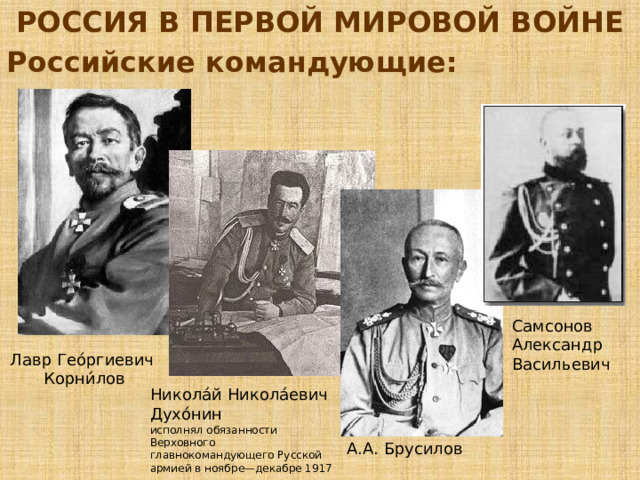 РОССИЯ В ПЕРВОЙ МИРОВОЙ ВОЙНЕ Российские военноначальники:  М.В. Алексеев Командовал Северо-западным фронтом. Приобрел репутацию организатора антиправительственного заговора и виновника Февральской революции. Великий князь Николай Николаевич РЕННЕНКАМПФ Павел-Георг Карлович фон Николай II 