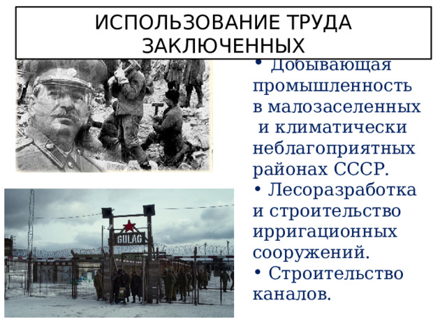 ИСПОЛЬЗОВАНИЕ ТРУДА ЗАКЛЮЧЕННЫХ  Добывающая промышленность в малозаселенных и климатически неблагоприятных районах СССР.  Лесоразработка и строительство ирригационных сооружений.  Строительство каналов. 
