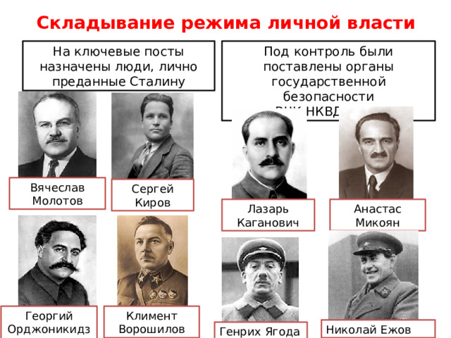 Складывание режима личной власти Под контроль были поставлены органы государственной безопасности На ключевые посты назначены люди, лично преданные Сталину ВЧК-НКВД-ОГПУ Вячеслав Молотов Сергей Киров Лазарь Каганович Анастас Микоян Георгий Орджоникидзе Климент Ворошилов Николай Ежов Генрих Ягода 