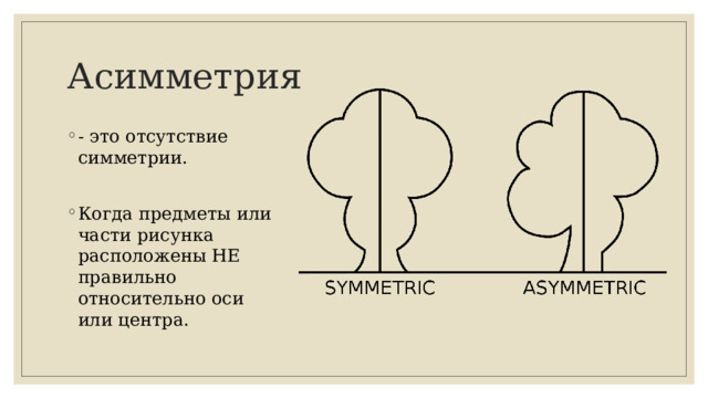 Асимметрия - это отсутствие симметрии. Когда предметы или части рисунка расположены НЕ правильно относительно оси или центра. 
