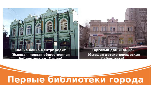 Здание банка ЦентрКредит Торговый дом «Тамыр» (бывшая  первая общественная библиотека им. Гоголя)  (бывшая детско-юнешеская библиотека) Первые библиотеки города 
